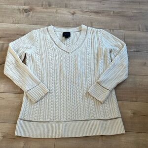 Magaschoni V-Neck Cream Cable Knit Sweater Cashmere Trim Sz M